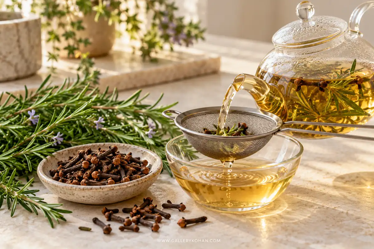 صاف کردن دمکرده رزماری و میخک پیش از ریختن در بطری اسپری