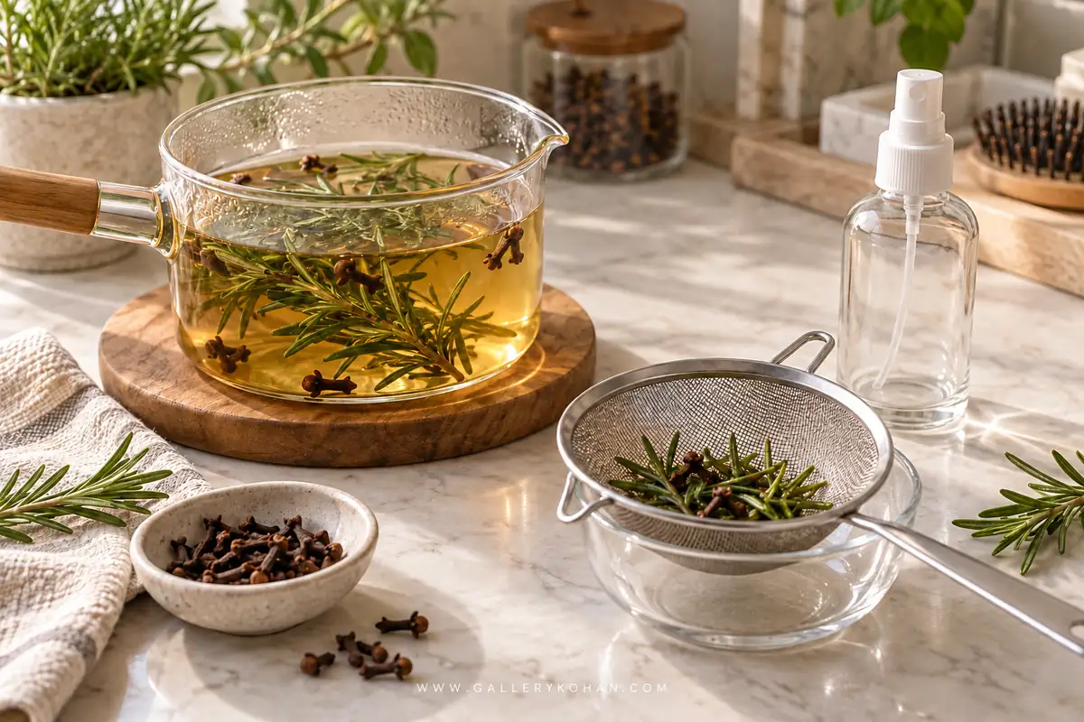 مراحل آمادهسازی آب رزماری و میخک برای اسپری مو