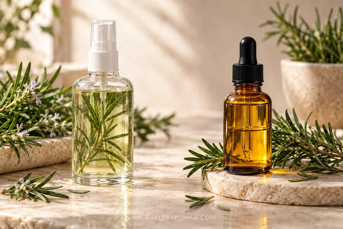 مقایسه تصویری آب رزماری و روغن رزماری برای مراقبت از مو