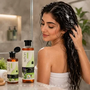 خانم در حال استفاده از شامپو هربامیکس شون