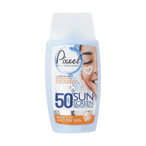 کرم ضد آفتاب بی رنگ پوست حساس و خشک پیکسل SPF50, محافظت قوی در برابر UV, مناسب پوست حساس و خشک, بدون رنگ, آبرسانی عمیق, بافت سبک, جلوگیری از پیری زودرس, مرطوب‌کننده, ضد لک, کاهش قرمزی پوست, مقاوم در برابر آب, ضد تعریق, جذب سریع, تسکین‌دهنده, ضد التهاب, محافظت در برابر آلودگی