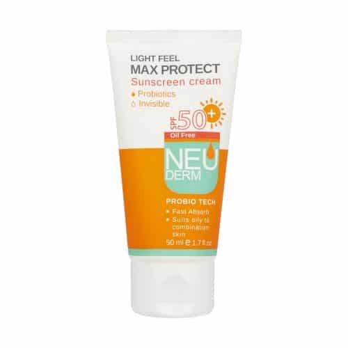 کرم ضد آفتاب نئودرم بی رنگ فاقد چربی Max Protect SPF50, محافظت قوی در برابر UV, فاقد چربی, مناسب پوست چرب و مختلط, بدون رنگ, بافت سبک, مات‌کننده, کنترل چربی پوست, ضد لک, جلوگیری از پیری زودرس, مقاوم در برابر آب, ضد تعریق, جذب سریع, مناسب استفاده روزانه, ضد التهاب, بدون ایجاد حساسیت