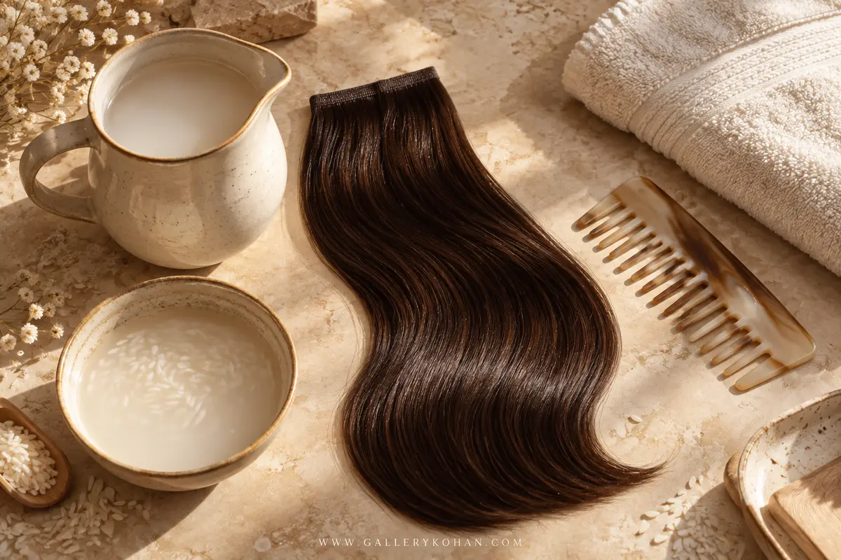 استفاده از آب برنج رقیق‌شده روی ساقه مو و آبکشی کامل
