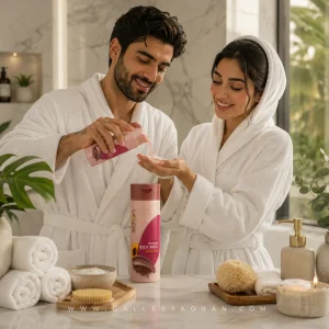 مدل در حال استفاده از شامپو بدن خاک رس شون