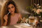شیشه عطر در کنار قهوه، گل‌ها و نوارهای تست برای نمایش خستگی بویایی