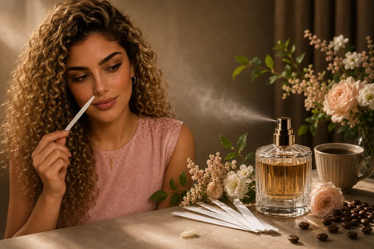 شیشه عطر در کنار قهوه، گل‌ها و نوارهای تست برای نمایش خستگی بویایی