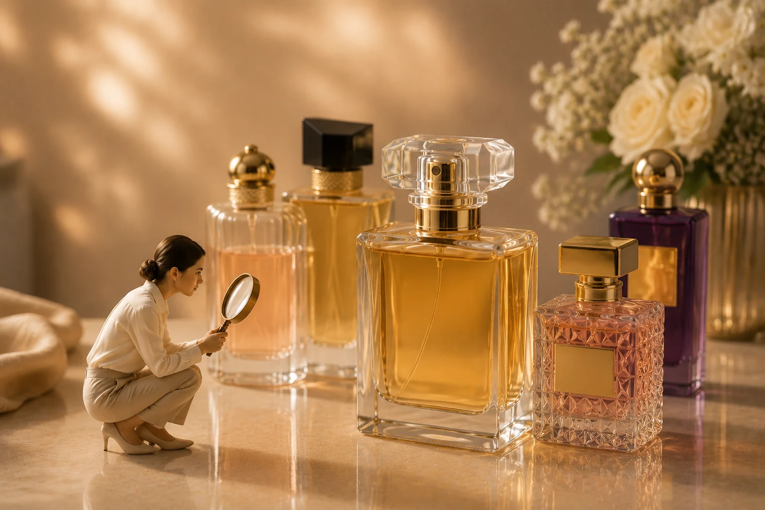 تست عطر روی پوست با چند شیشه عطر و عناصر طبیعی برای توضیح تفاوت رایحه افراد