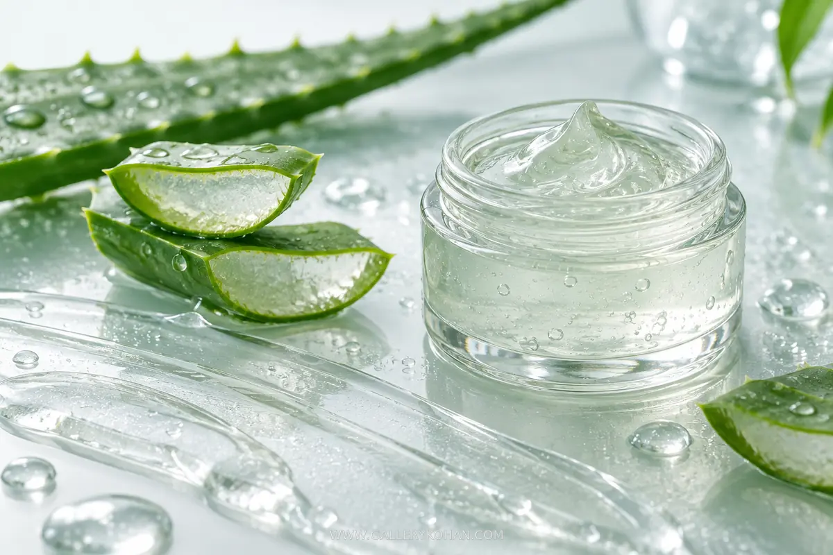 ژل آلوئه ورا در کنار قطرات آب برای نمایش رطوبت سطحی پوست