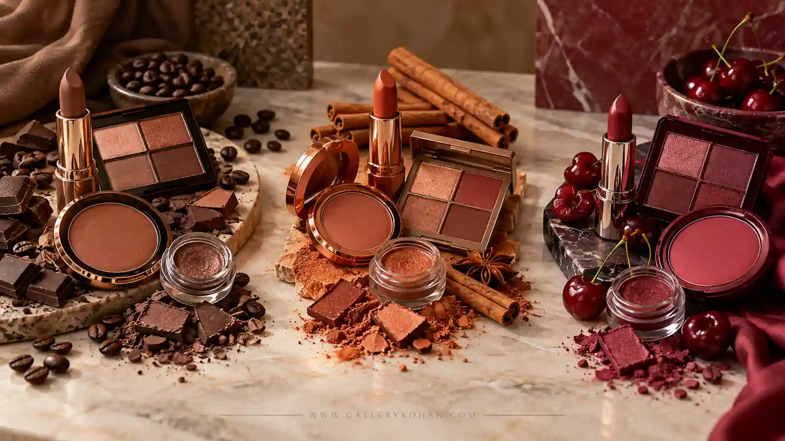 مقایسه کاربرد موکا دارچین و آلبالو در چشم لب و گونه