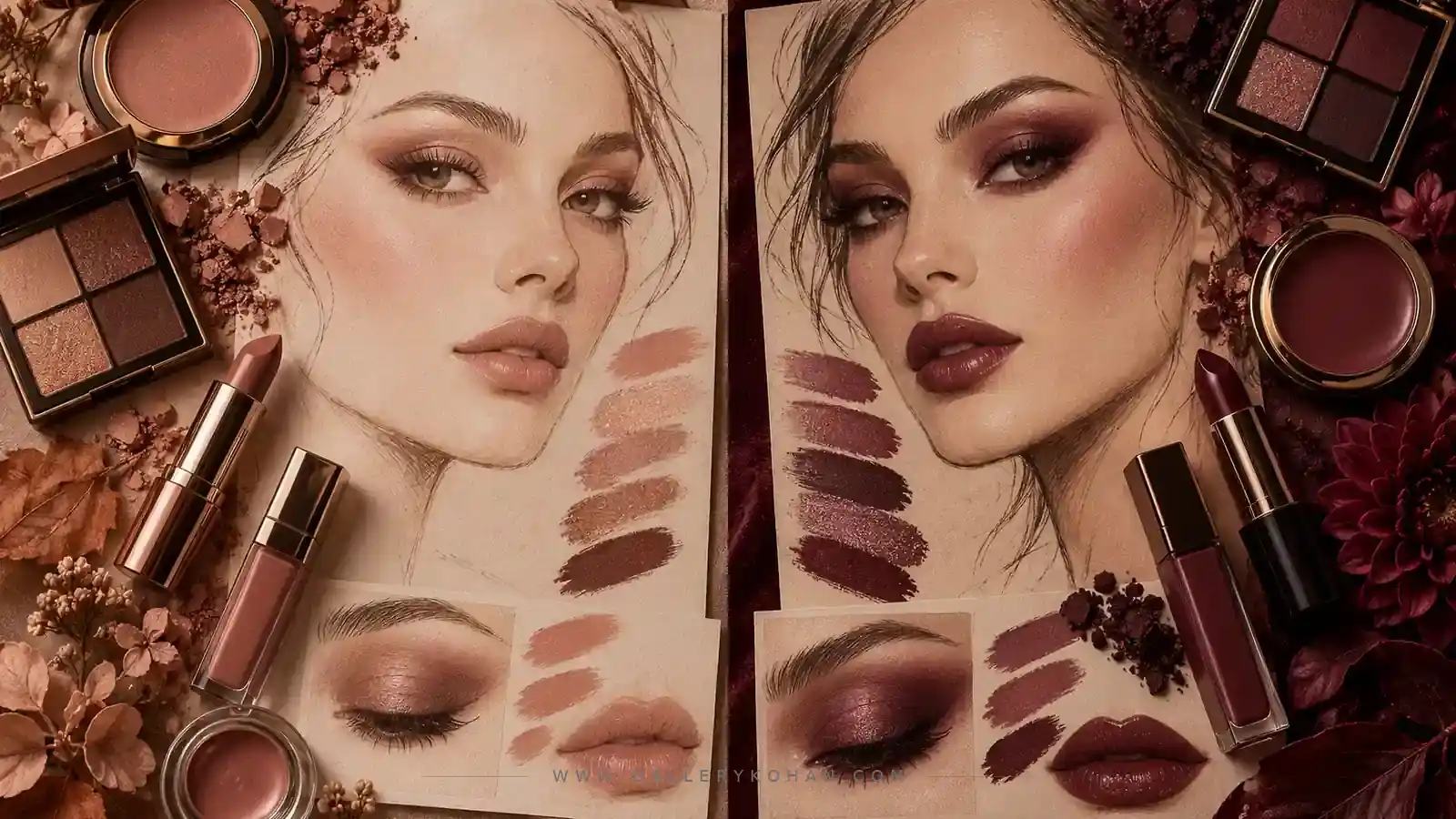مقایسه آرایش مونوکروم روزانه و مهمانی مقایسه آرایش مونوکروم رز ملایم و بری تیره برای پاییز